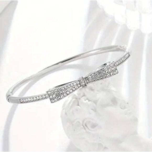 Silver Diamond Bow Bangle Bracelet - Picture 5 of 5